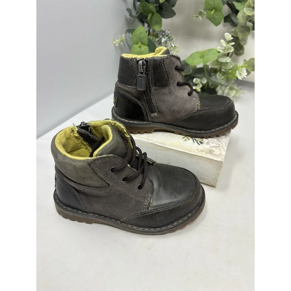 Boys Size 7 Ugg‎ Boot Side Zip Suede Leather Yellow Fur Vintage